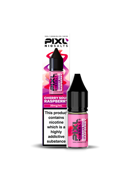 Cherry Sour Raspberry PIXL Nic Salts in 10mg and 20mg strengths and available in packs of 5 or 10 bottles.