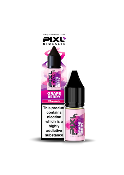 Grape Berry PIXL Nicotine Salts in 10mg and 20mg strengths, available in packs of 5 and 10 bottles.