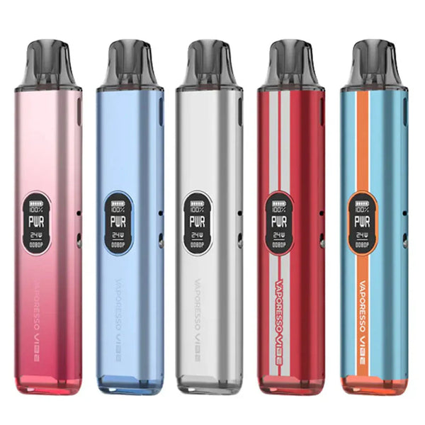 Five Vaporesso Vibe vaping devices in different colors on a white background